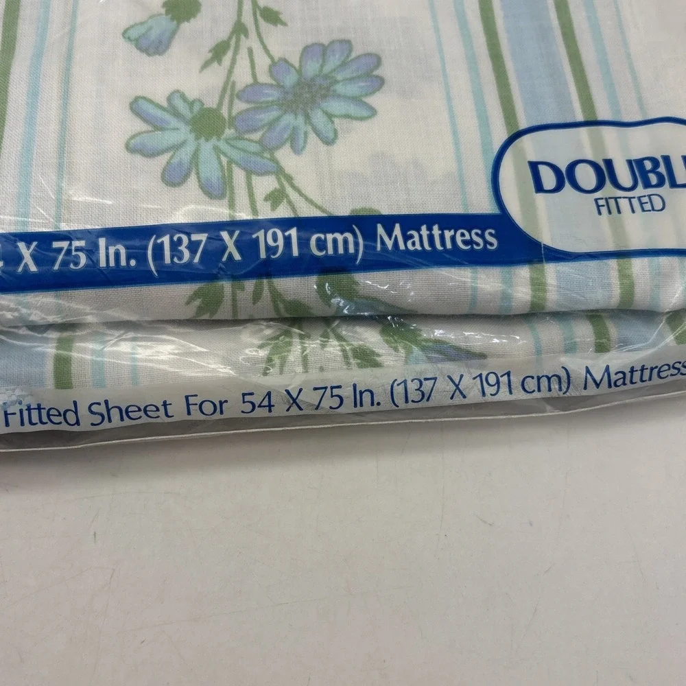 Vtg Dan River Dantrel No Iron Double Sheet Set White Blue Floral NOS